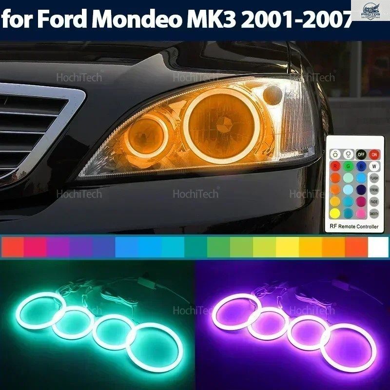 ヘッドライト コットン マルチカラー RGB LED エンジェルアイ リング フォード モンデオ MK3 2001-2007 リングアイ RF リモコン