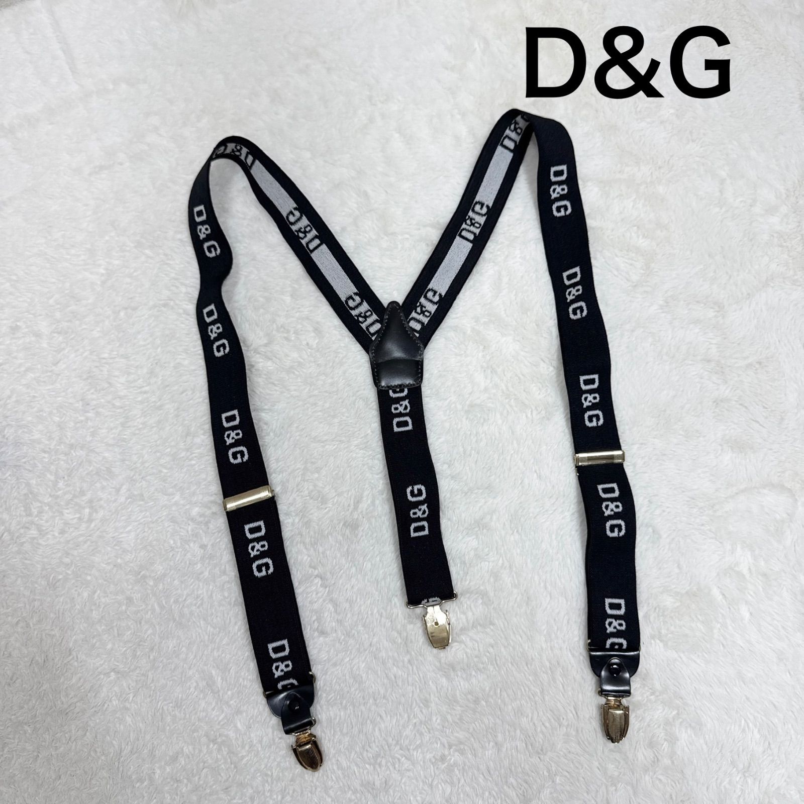 【美品】D&G ドルチェ＆ガッバーナ サスペンダー 全体ロゴ 総柄 レザー金具 ブラック ゴールド金具 メンズ レディース Y2K アーカイブ