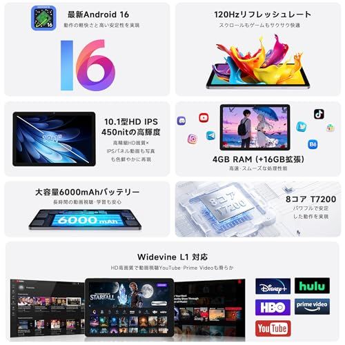 【AOC公式】 M10 タブレット 10インチ Wi-Fiモデル 最新Android 16搭載 120Hz高リフレッシュレート HD IPSディスプレイ Widevine L1対応 450nit高輝度