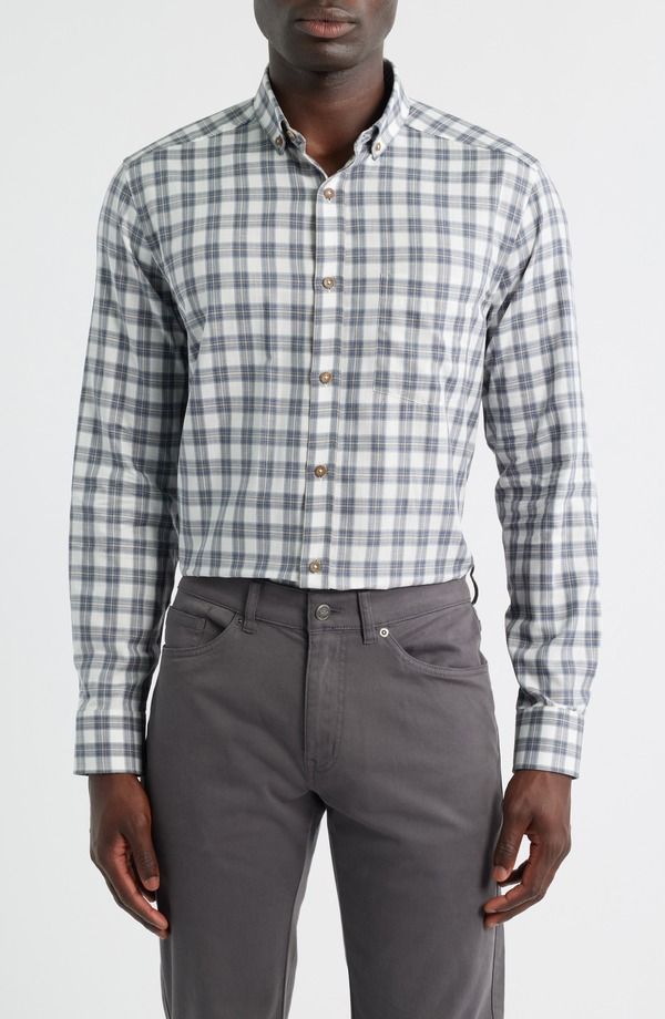ジョンストンアンドマーフィー メンズ トップス シャツ コットン Johnston Murphy Plaid Heathered Cotton ButtonUp Shirt Navy Tan Shad