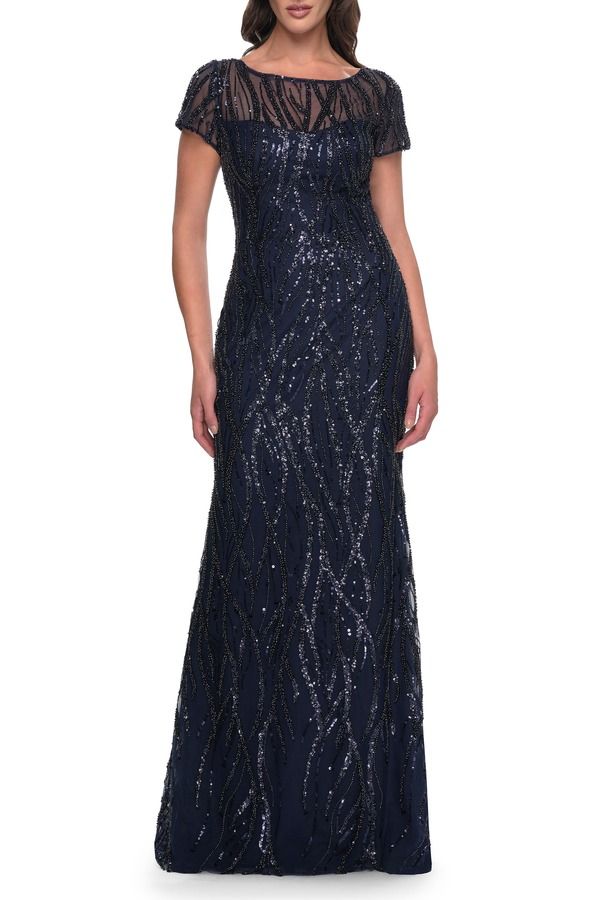 ラフェム レディース トップス ワンピース プリント La Femme Beaded Print Fitted Evening Dress with Illusioneckline Navy ネイビー