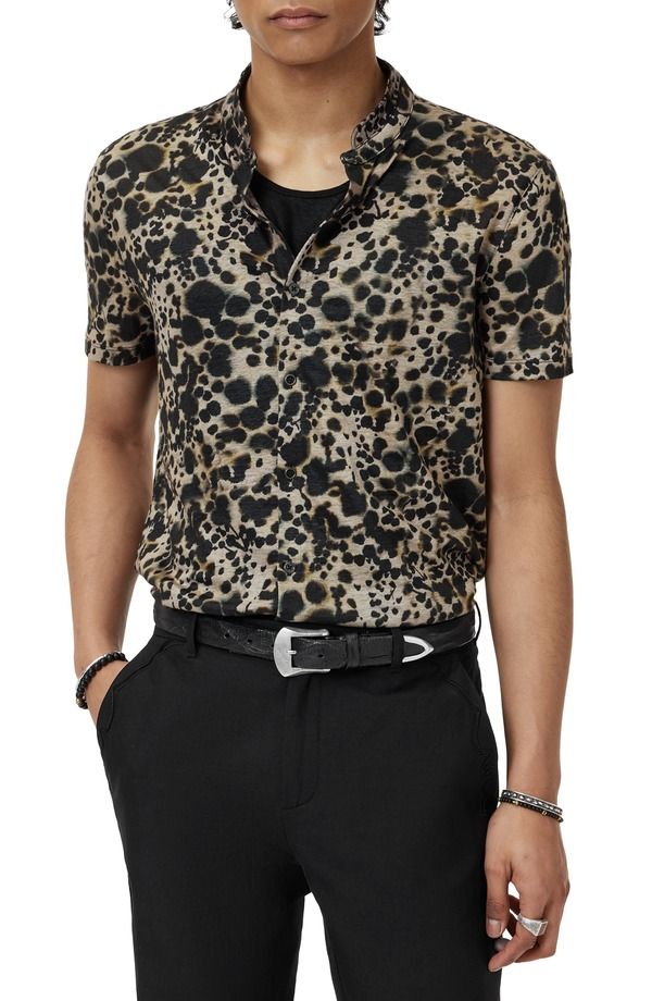 ジョンバルベイトス メンズ トップス シャツ プリント John Varvatos Marini Leopard Print Short Sleeve ButtonUp Shirt Smoked Pe