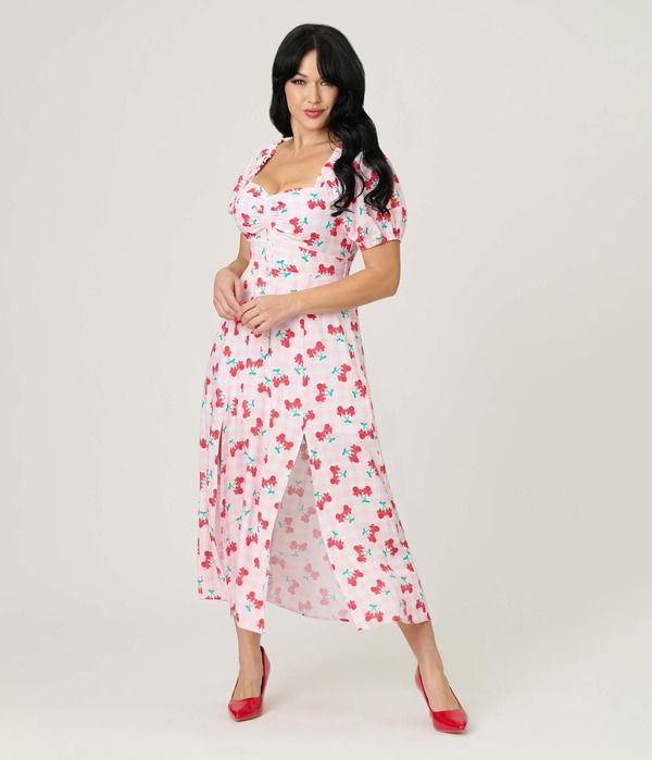 ユニークビンテージ レディース トップス ワンピース ミディ Unique Vintage Sweetheart Midi Dress Pink Gingham WCherries ピンク