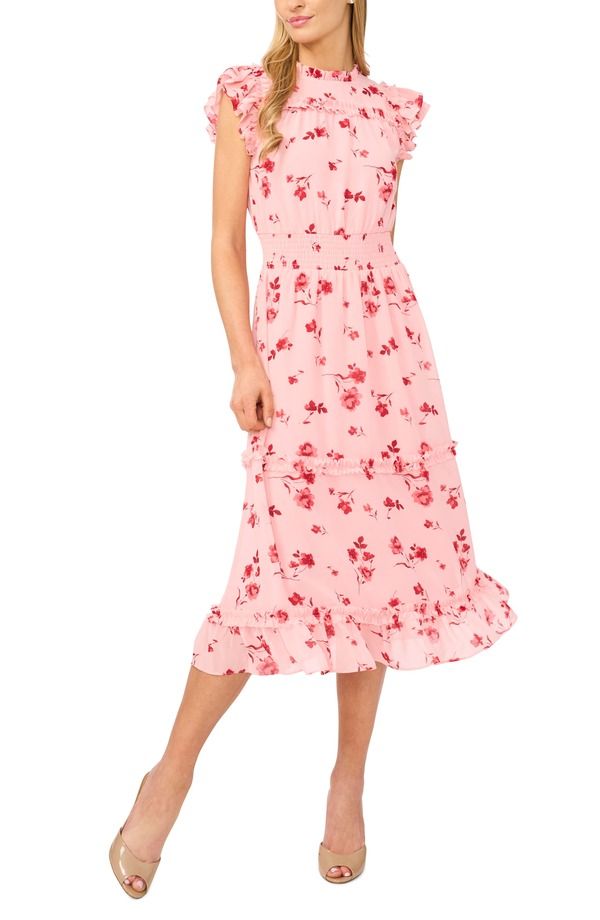 セセ レディース トップス ワンピース フラワー柄 プリント ミディ シャーリング フラワー CeCe Floral Print Flutter Sleeve Smocked Midi Dress C
