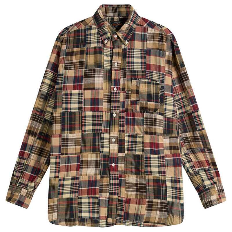 ビームス プラス メンズ トップス シャツ パッチワーク Beams Plus Patchwork Madrashirt Brown ブラウン