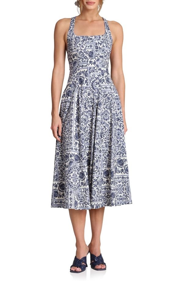 アヴェックレフィーユ レディース トップス ワンピース プリント ノースリーブ Avec Les Filles Tile Print Sleeveless Dress Navy Lisbon Tile