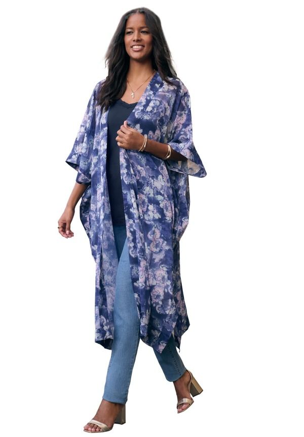 ロアマンズ レディース アウター ジャケット・ブルゾン シフォン プラスサイズ Roamans Plusize Flowy Chiffon Duster Navy Spray Floral ネイビー