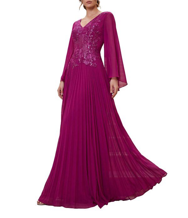 テラニクチュール レディース トップス ワンピース Vネック シフォン プリーツ キャップ ケープ Terani Couturembellished Chiffon Capelet Sleeve VN