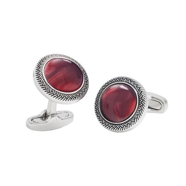 リンクアップ メンズ アクセサリー カフスボタン Link Up Burgundy Gemstone Round Cufflinks with Antique Silver Braided Borde