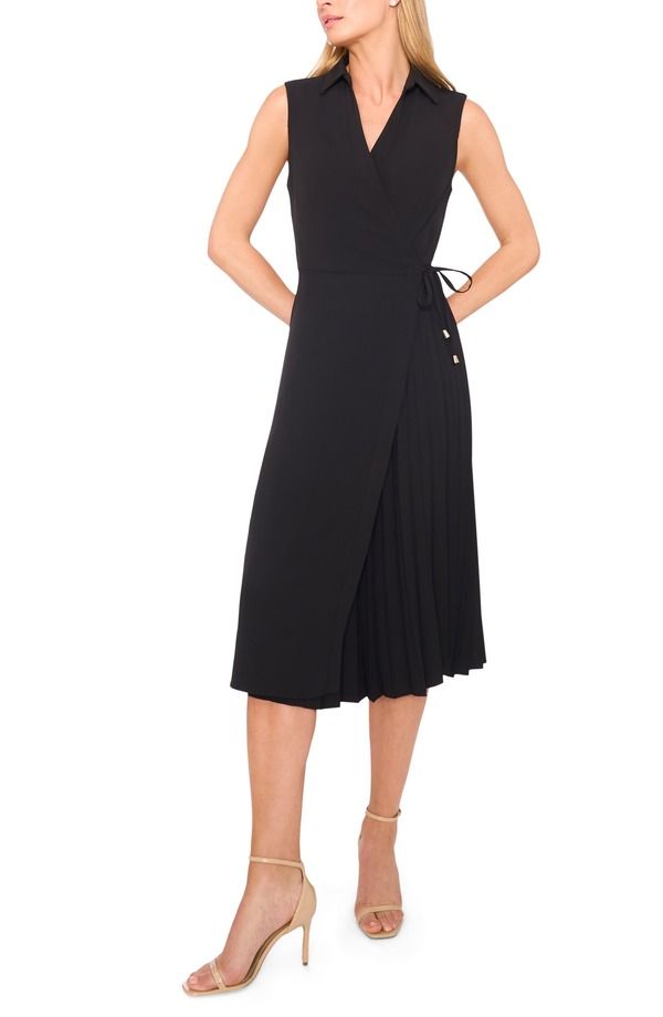 ハロゲン レディース トップス ワンピース プリーツ ミディ Halogen Pleated Faux Wrap Front Midi Dress RICH BLACK ブラック