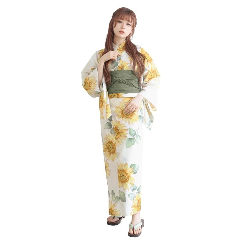 [KYOETSU] [キョウエツ] 浴衣セット 変わり織 生成り 6点セット(浴衣、兵児帯、肌着、下駄、腰紐) レディース F (9.泡沫向日葵, フリーサイズ)