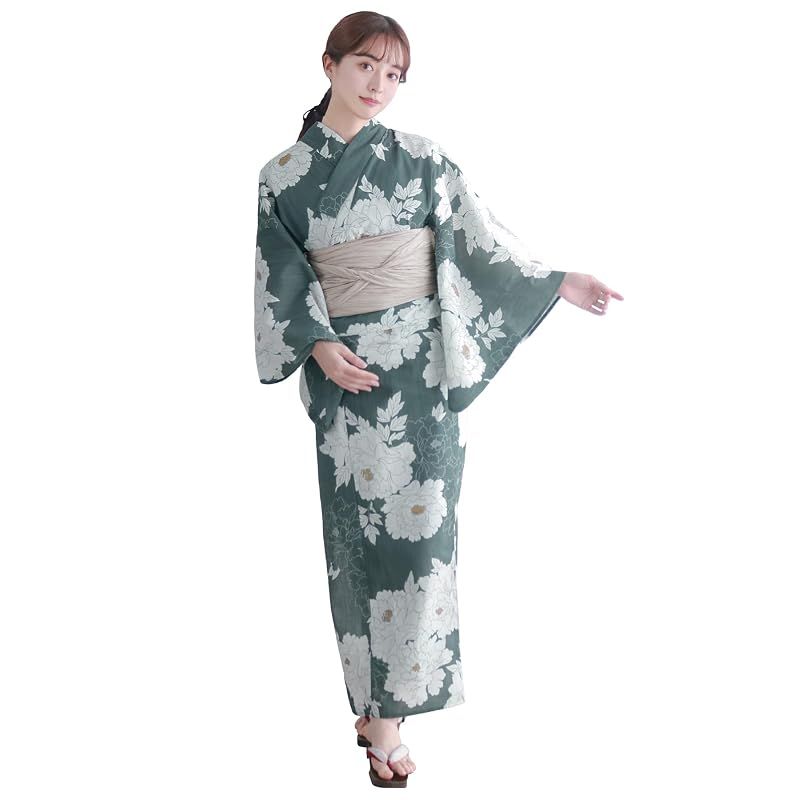 [KYOETSU] [キョウエツ] 浴衣セット 変わり織 生成り 6点セット(浴衣、兵児帯、肌着、下駄、腰紐) レディース F (4.緑陰古典牡丹, フリーサイズ)
