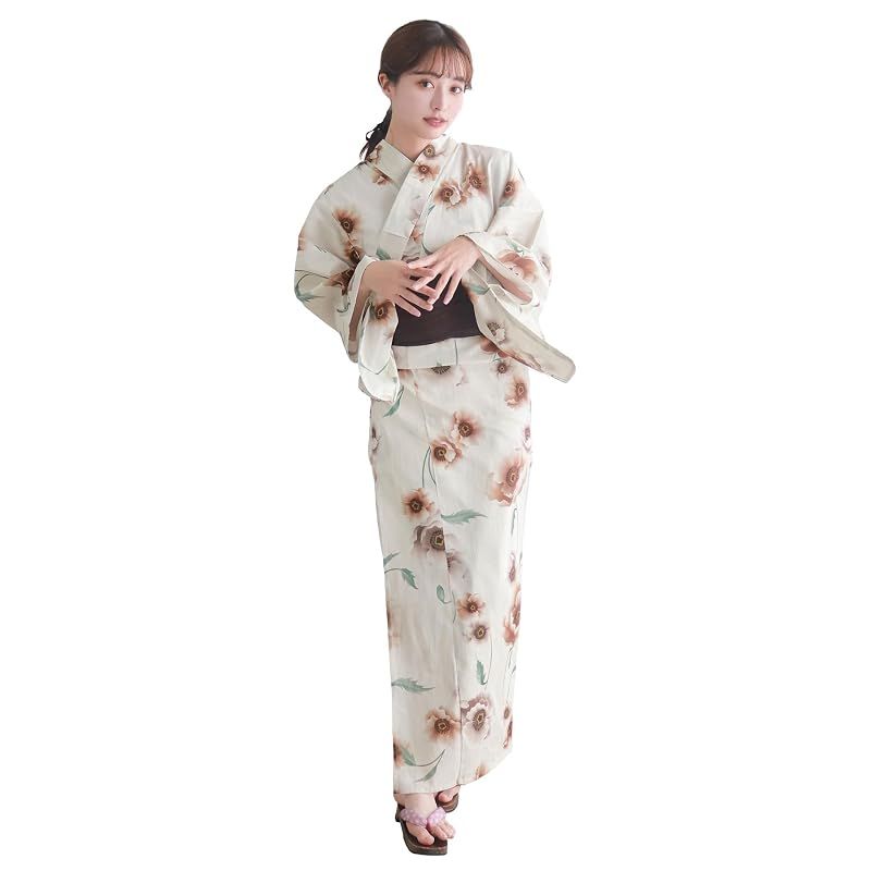 [KYOETSU] [キョウエツ] 浴衣セット 変わり織 生成り 6点セット(浴衣、兵児帯、肌着、下駄、腰紐) レディース F (2.キャラメルムース, フリーサイズ)