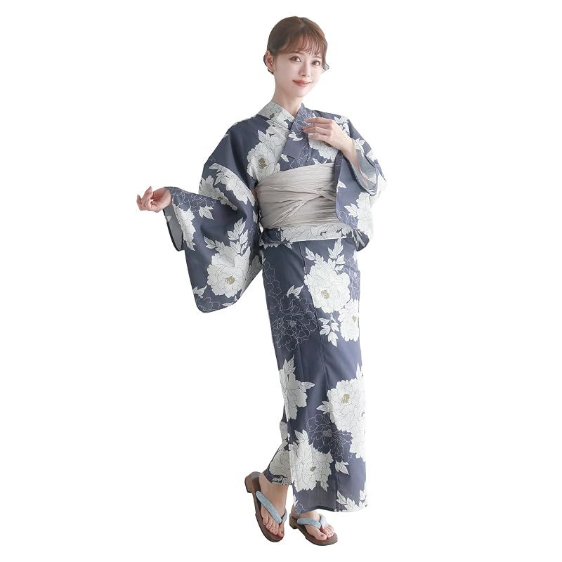 [KYOETSU] [キョウエツ] 浴衣セット 変わり織 生成り 6点セット(浴衣、兵児帯、肌着、下駄、腰紐) レディース F (5.紺碧古典牡丹, フリーサイズ)