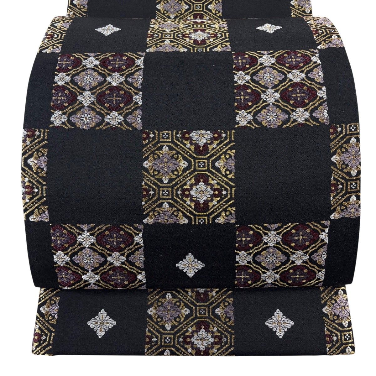 【美品】 袋帯 名品 市松取 花菱 金糸 黒 六通 正絹 【中古】