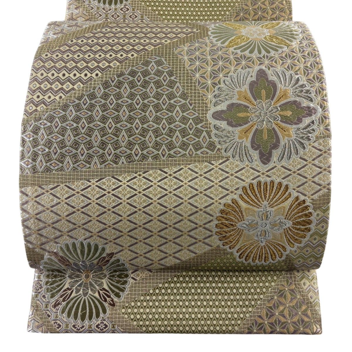 【美品】 袋帯 名品 華文 有職文様 金銀糸 箔 ベージュ 六通 正絹 【中古】