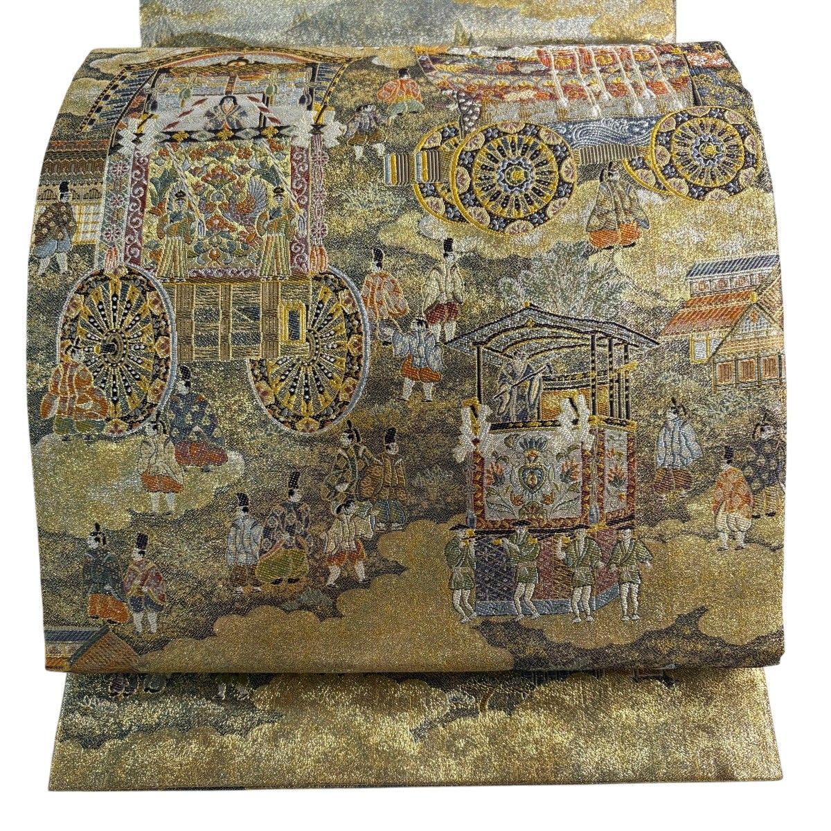 【美品】 丸帯 名品 平安京の三大祭 金糸 箔 金色 お太鼓柄 正絹 【中古】