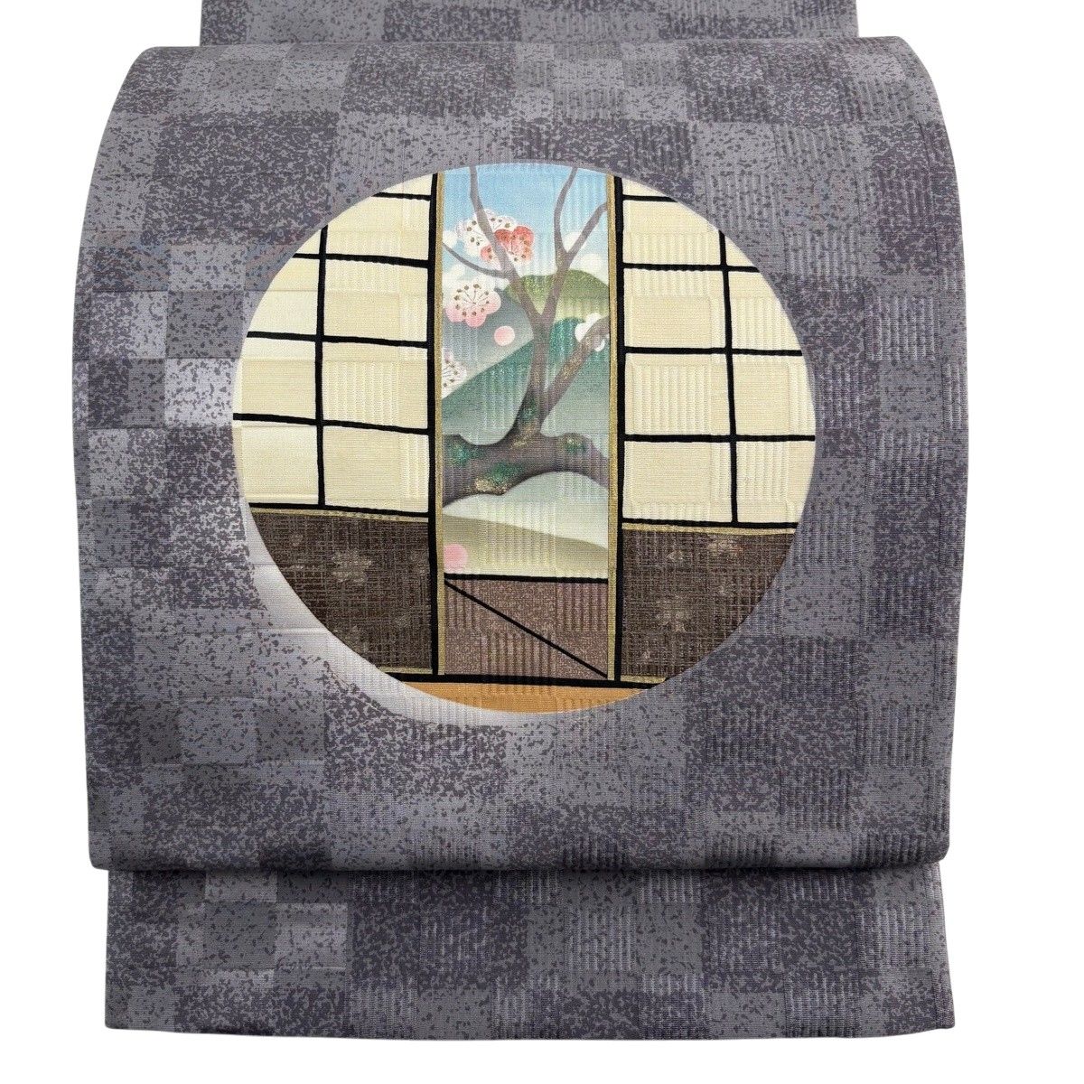 【美品】 袋帯 秀品 円窓 枝梅 金彩 灰紫 お太鼓柄 正絹 【中古】