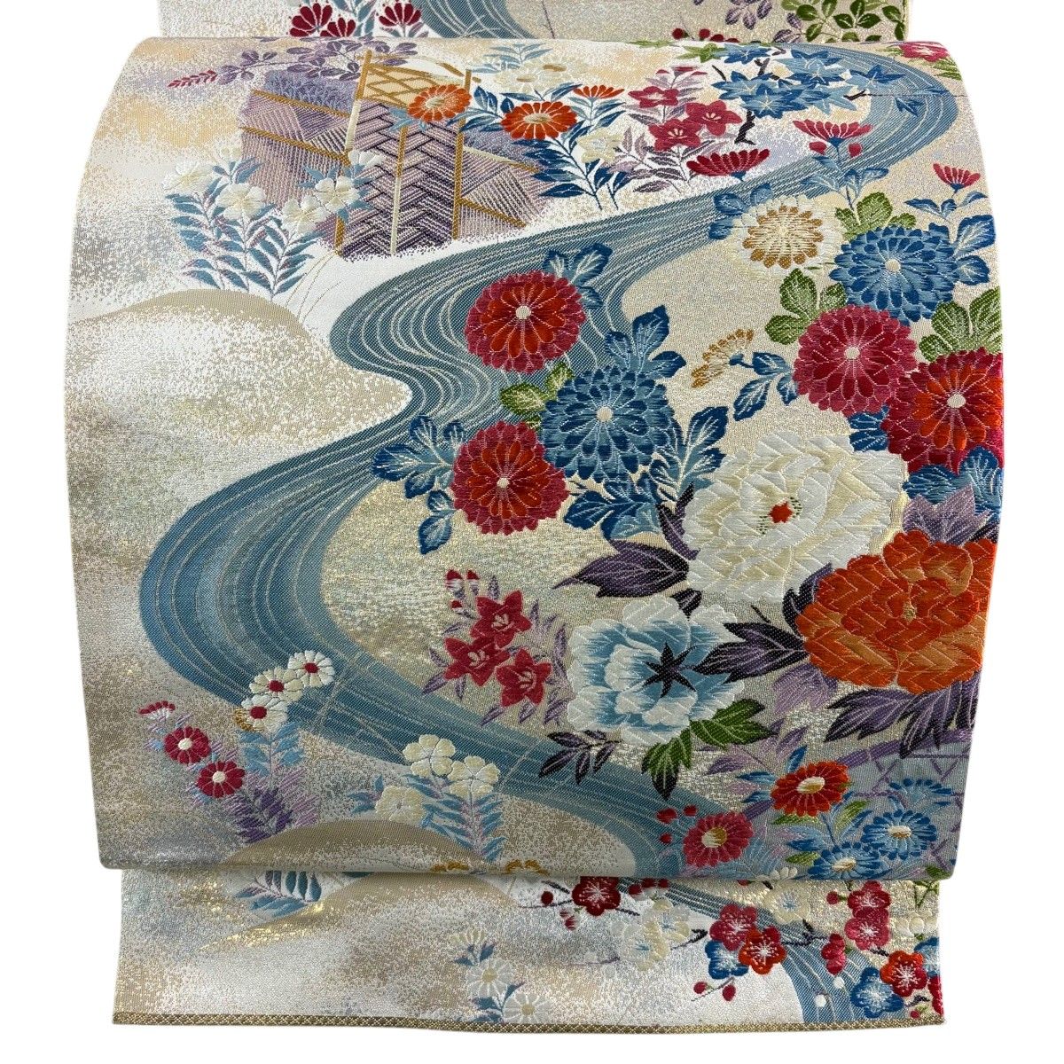 【美品】 袋帯 秀品 関西仕立て 草花 流水 箔 ベージュ 六通 正絹 【中古】