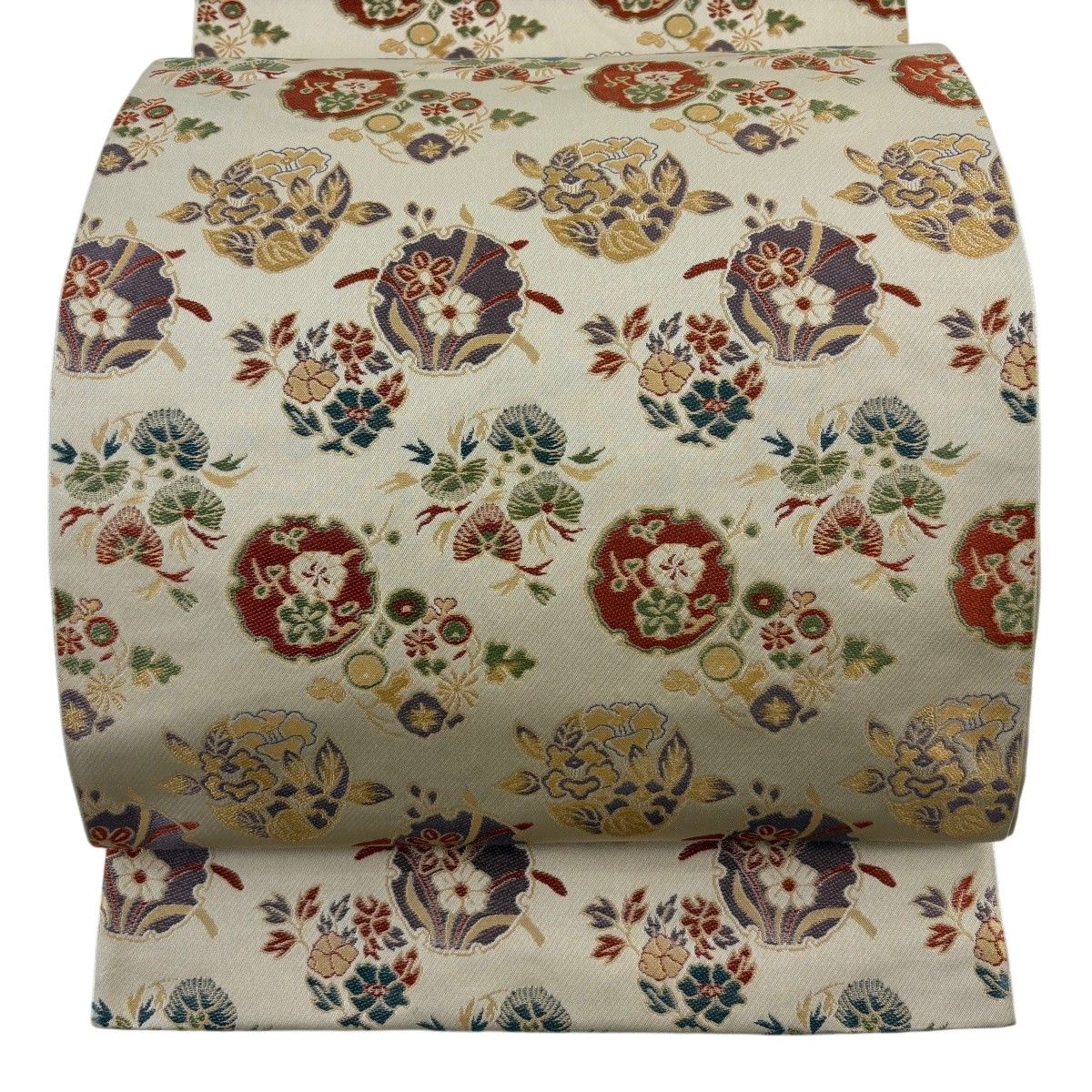 【美品】 袋帯 秀品 落款 あらいそ 雪輪 草花 箔 ベージュ 全通 正絹 【中古】