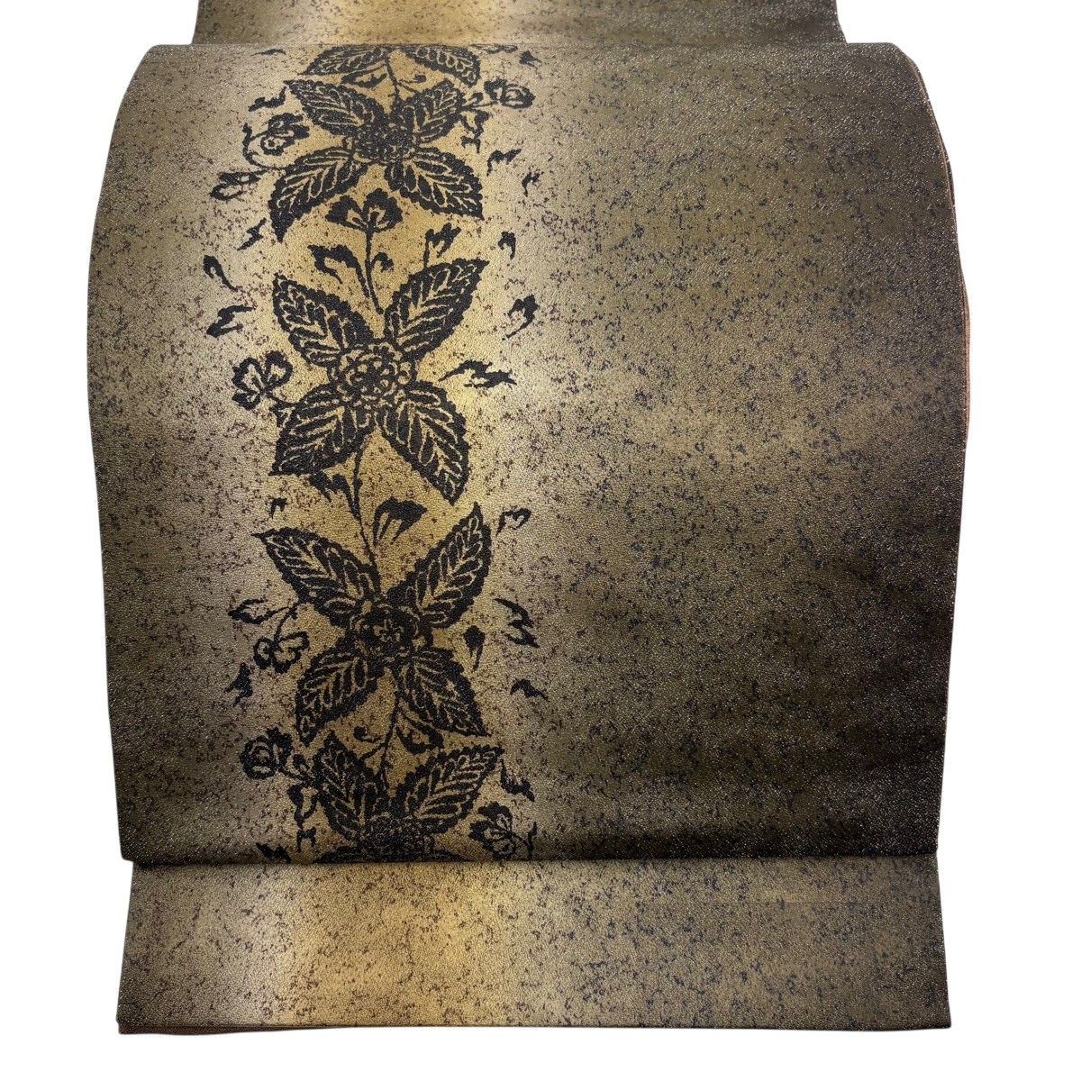 【美品】 袋帯 秀品 草花 銀通し 茶緑色 お太鼓柄 正絹 【中古】