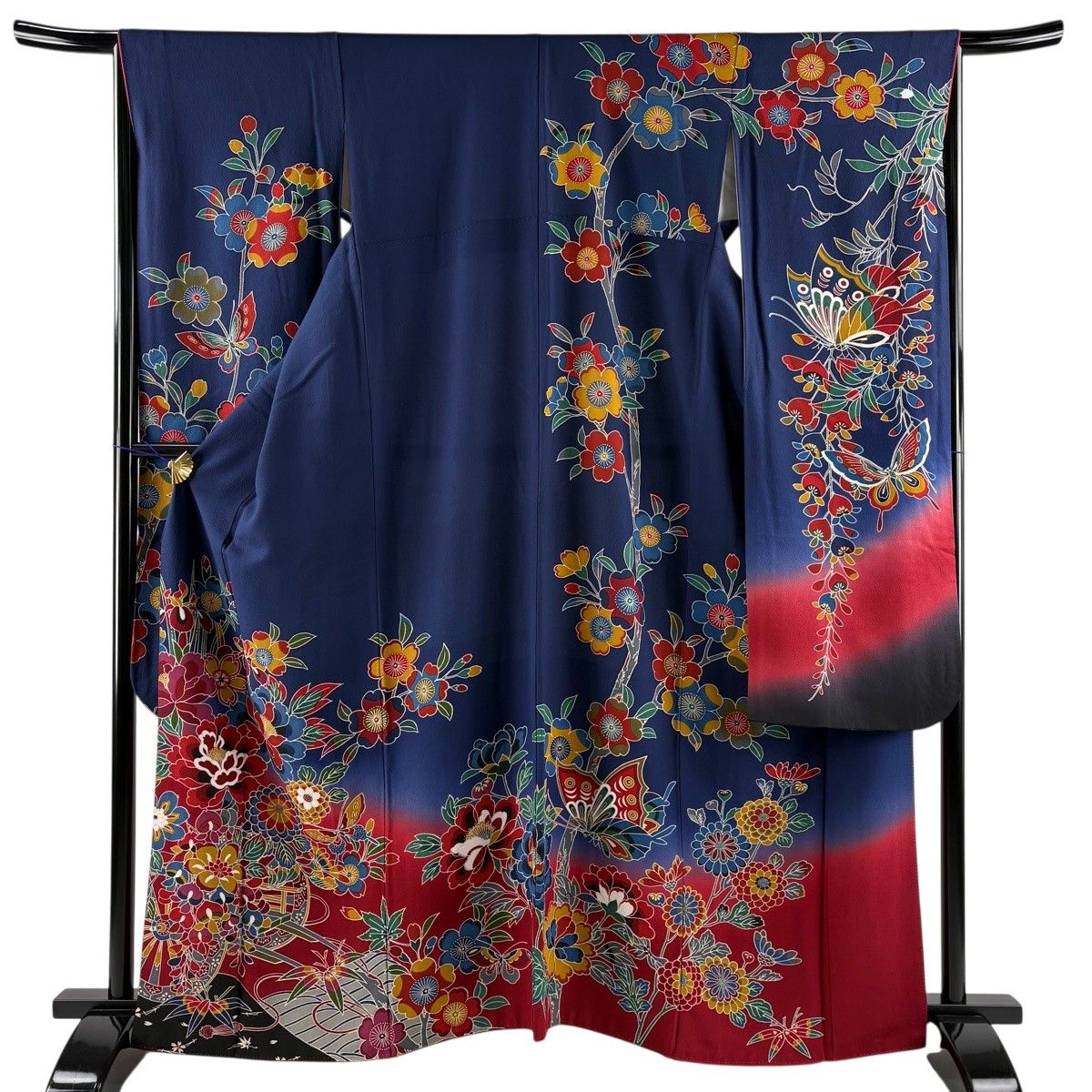 振袖 身丈163cm 裄丈66cm M 袷 花車 蝶 ぼかし 紺色 正絹 秀品 【中古】