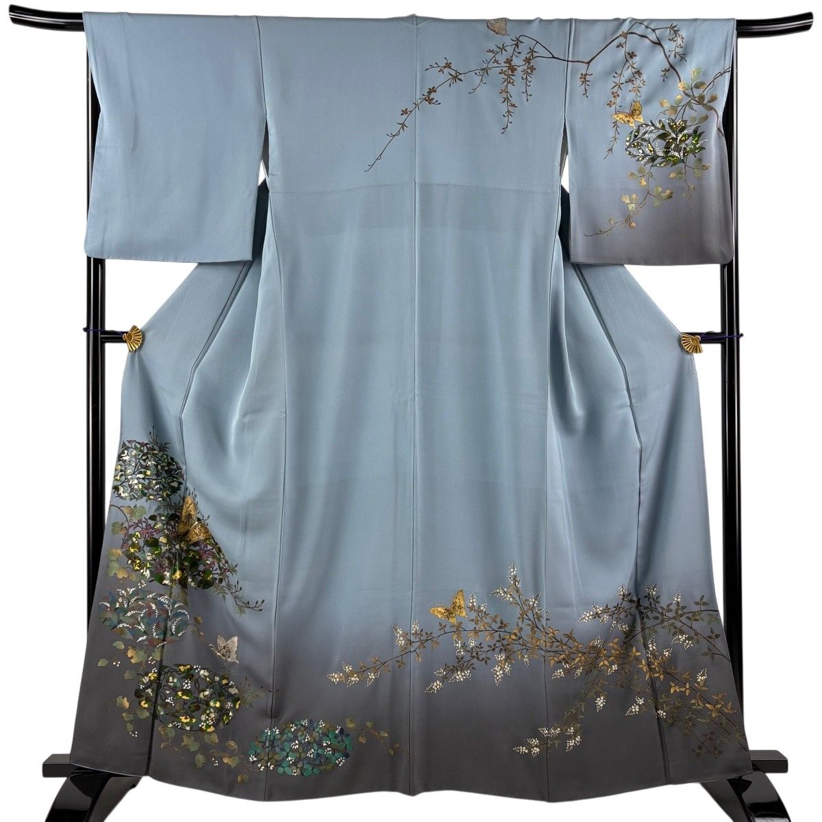 訪問着 身丈163cm 裄丈65.5cm M 袷 蝶 枝花 金銀彩 ぼかし 青灰色 正絹 秀品 【中古】