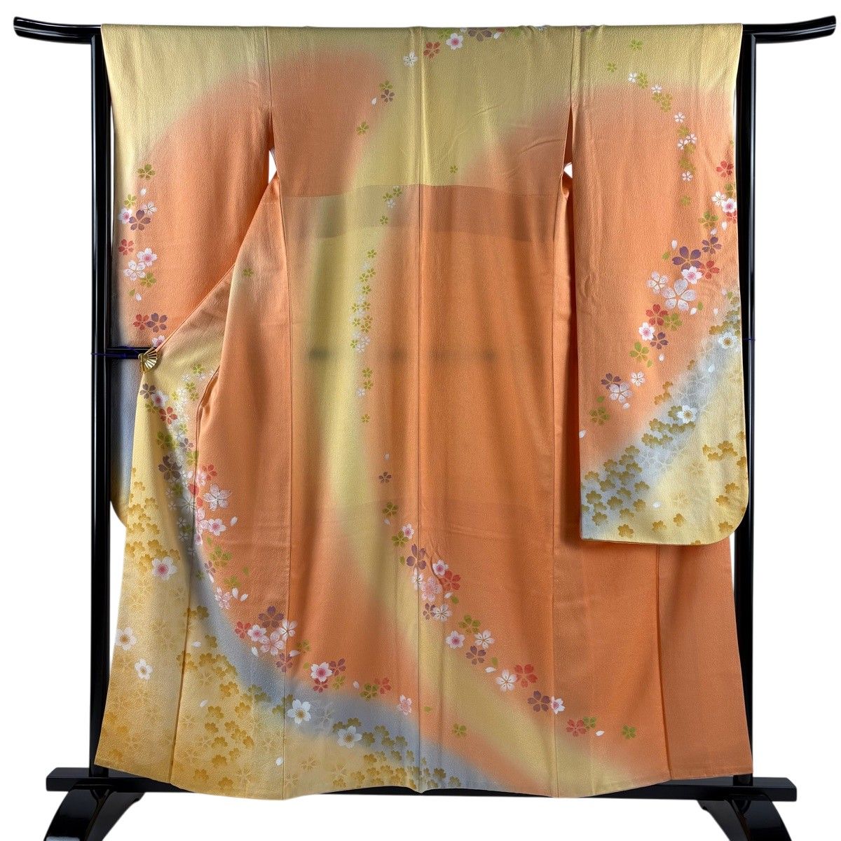 振袖 身丈158cm 裄丈65cm M 袷 やまと 桜 花びら 銀通し 銀糸 オレンジ 正絹 秀品 【中古】
