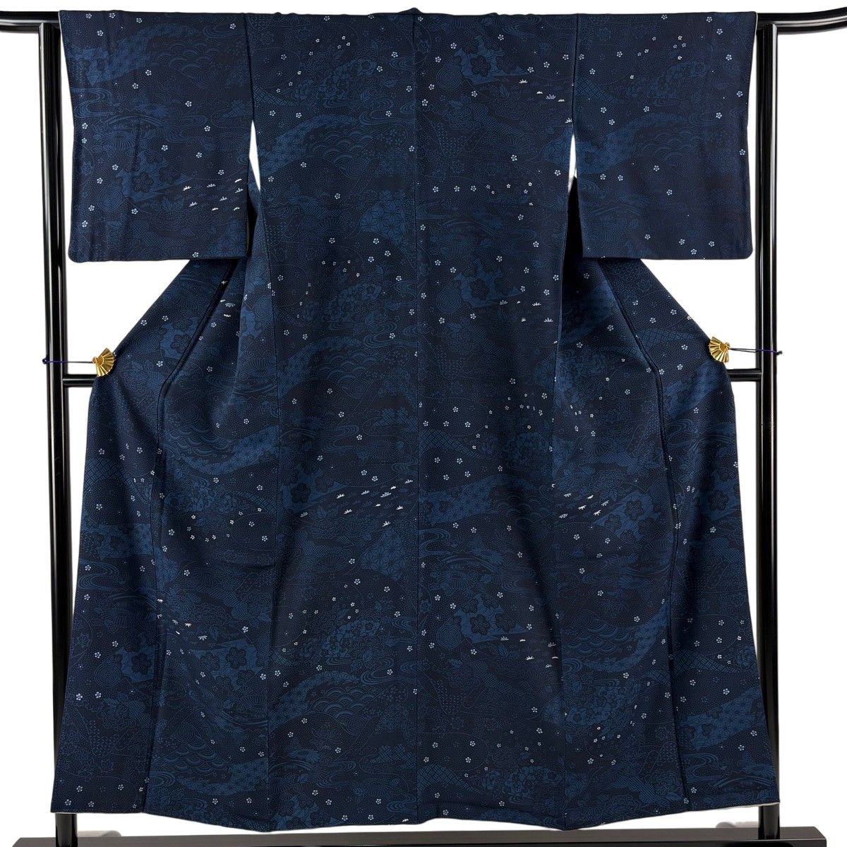 【美品】 小紋 身丈153.5cm 裄丈62.5cm S 袷 草花 麻の葉 濃紺 正絹 秀品 【中古】