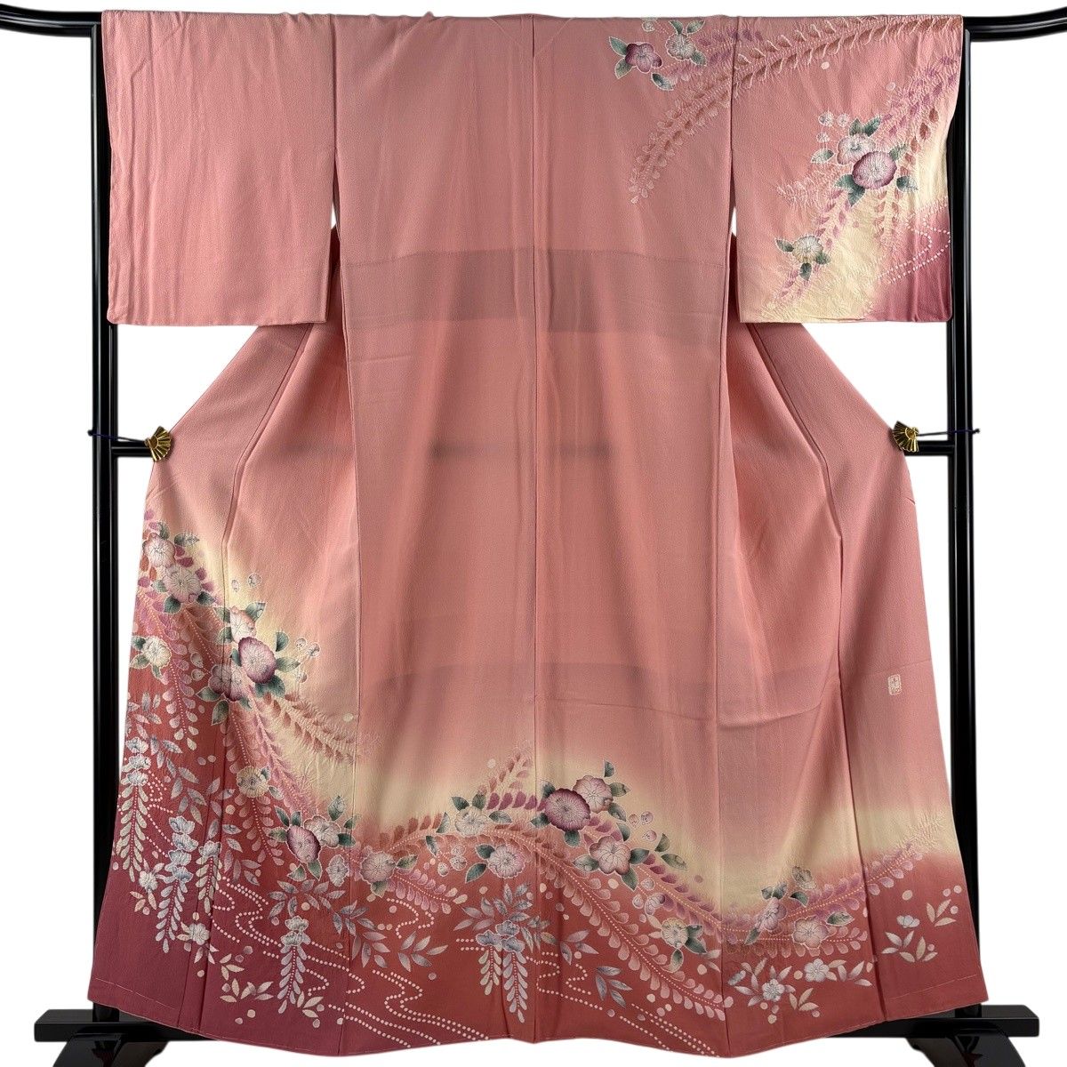 【美品】 訪問着 身丈157.5cm 裄丈65.5cm M 袷 落款 辻が花 ぼかし ピンク 正絹 秀品 【中古】