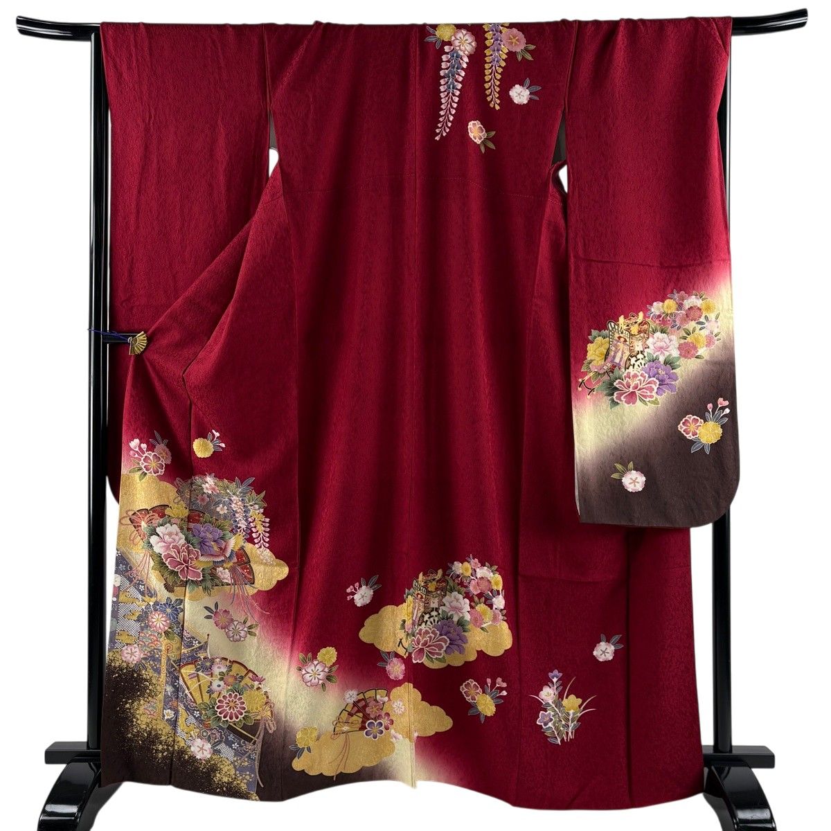 振袖 身丈164.5cm 裄丈67.5cm L 袷 花扇 幔幕 金彩 ぼかし えんじ色 正絹 秀品 【中古】