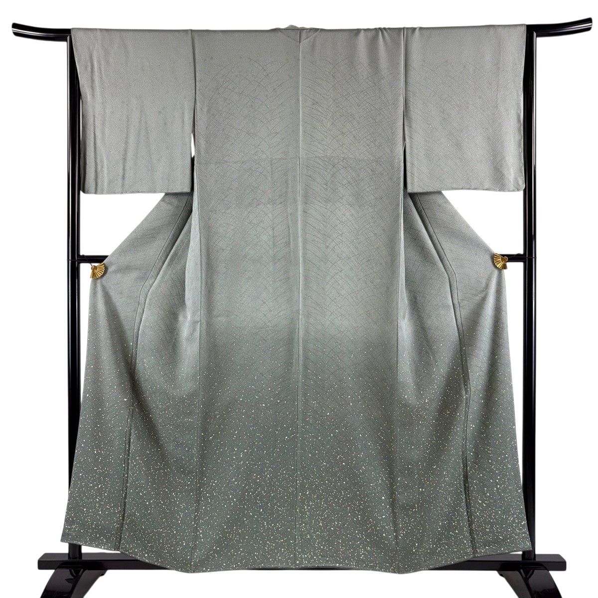 【美品】 付下げ 身丈157cm 裄丈65cm M 袷 地紋 幾何学 灰緑 正絹 秀品 【中古】