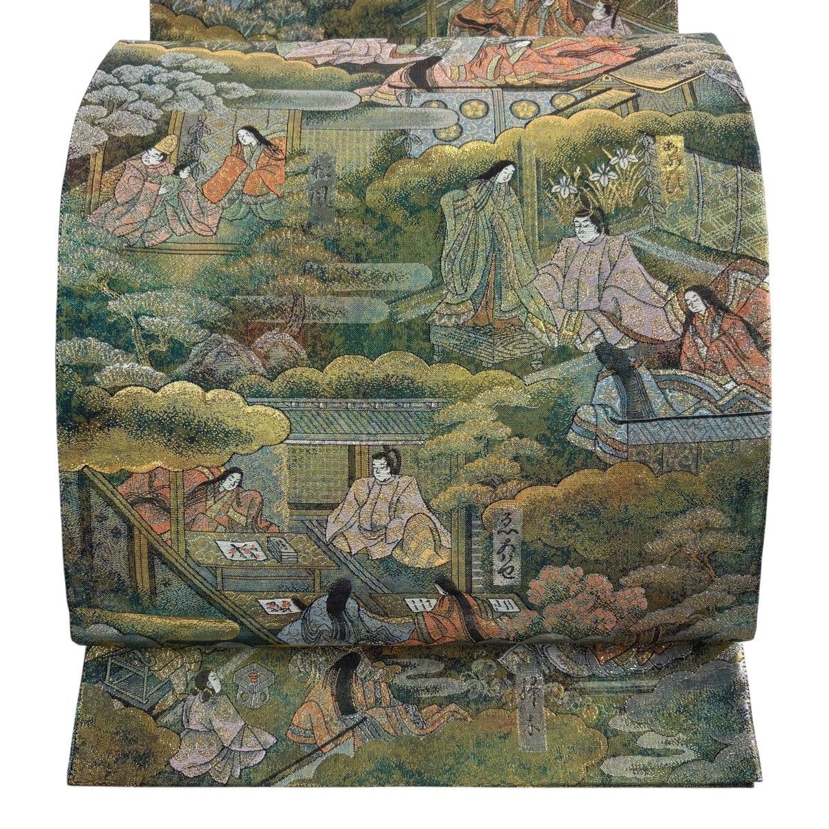 【美品】 袋帯 名品 人物 雲文 箔 緑 全通 正絹 【中古】 11,376円