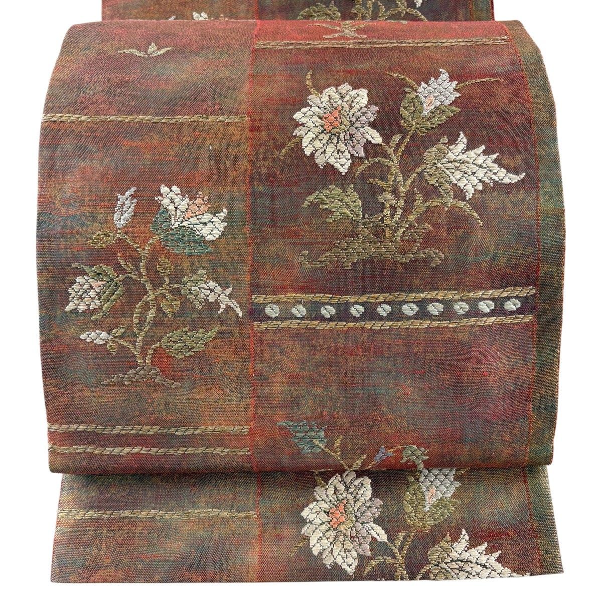 袋帯 名品 都 草花 金糸 茜色 六通 正絹 【中古】