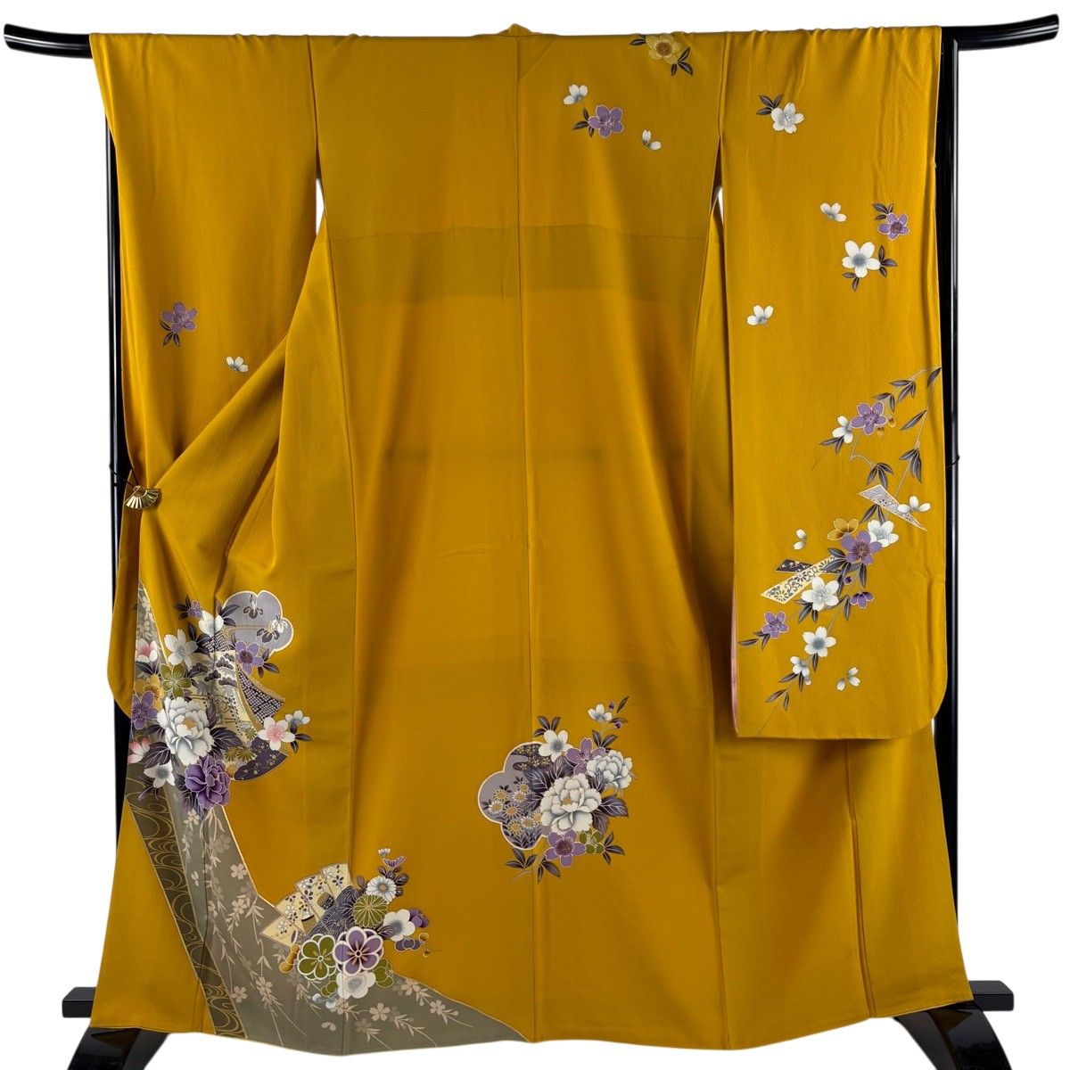 振袖 身丈163cm 裄丈67cm M 袷 誰が袖 牡丹 金彩 山吹色 正絹 秀品 【中古】 6,512円