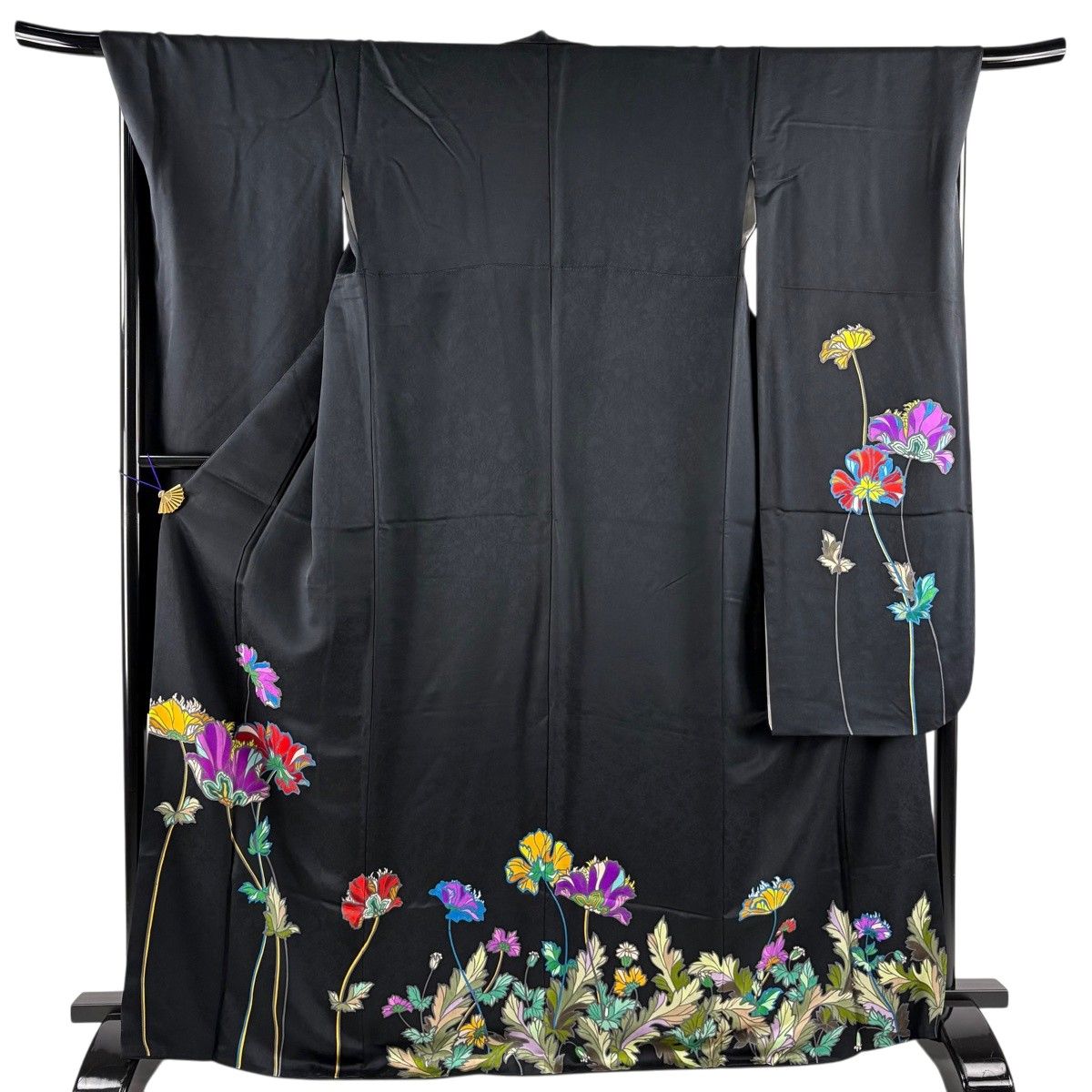 【美品】 振袖 身丈170.5cm 裄丈68cm L 袷 ケシの花 黒 正絹 秀品 【中古】