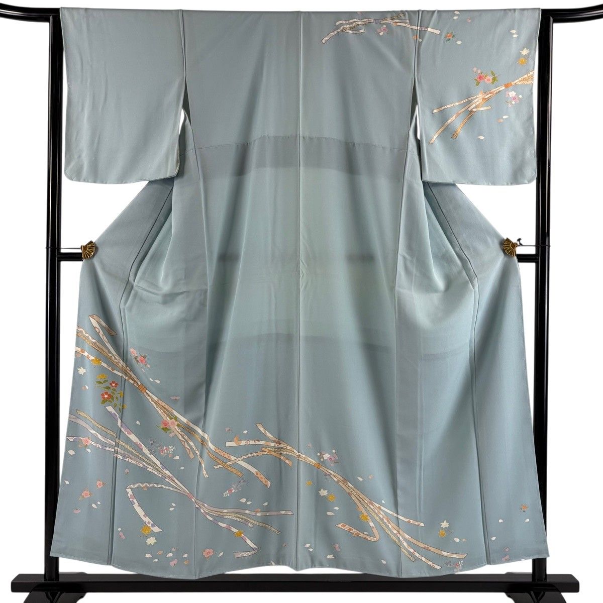 訪問着 身丈152.5cm 裄丈64cm M 袷 束ね熨斗 草花 金彩 水色 正絹 秀品 【中古】