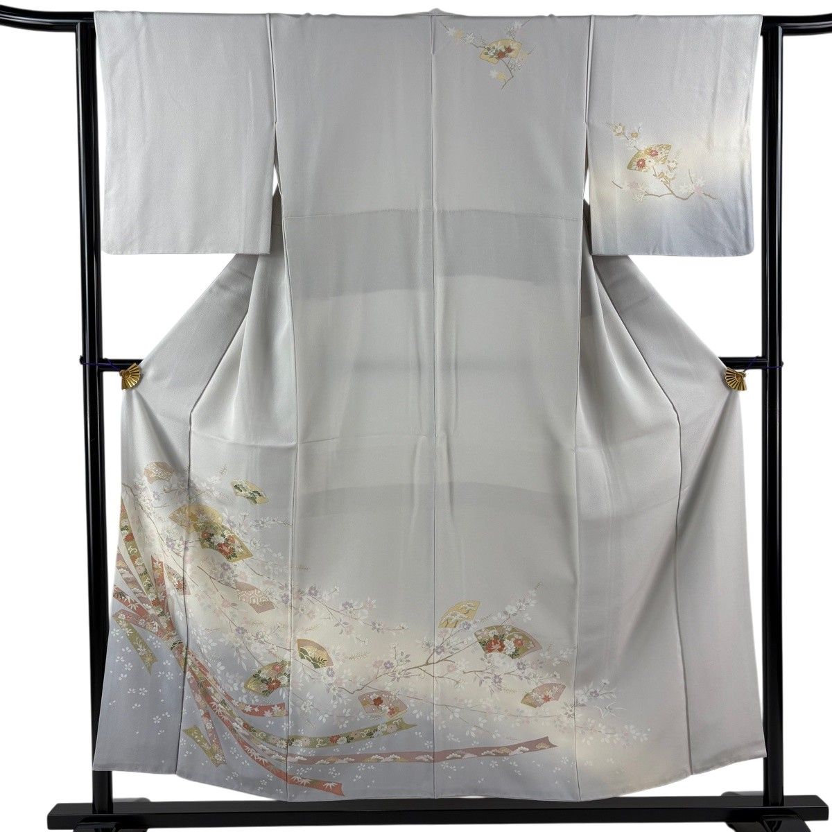 訪問着 身丈153cm 裄丈63cm S 袷 扇面 束ね熨斗 金彩 ぼかし 灰色 正絹 秀品 【中古】 6,600円