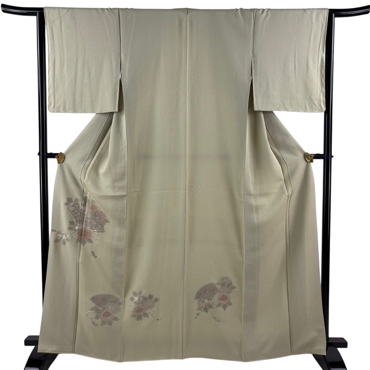 【美品】 付下げ 身丈166cm 裄丈64cm M 袷 扇 草花 刺繍 抹茶色 正絹 秀品 一つ紋 【中古】