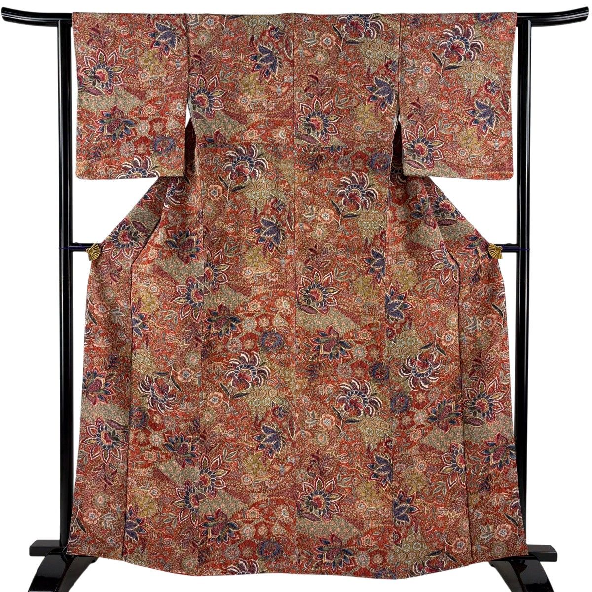 【美品】 小紋 身丈162cm 裄丈64cm M 袷 二代目 更甚 落款 更紗 亀甲 縮緬 朱色 正絹 秀品 【中古】