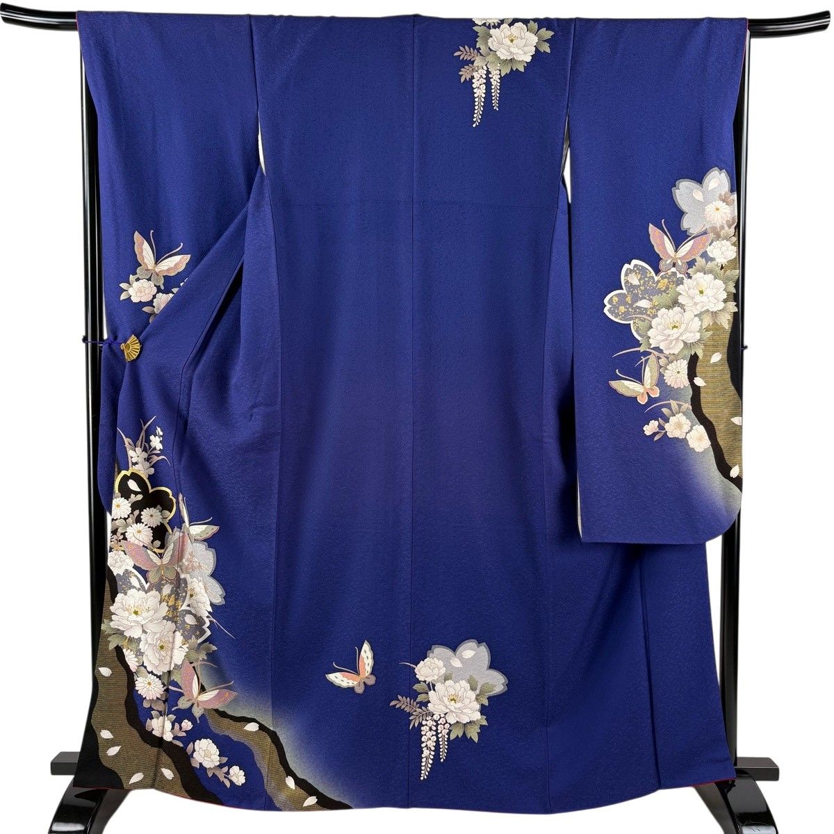 振袖 身丈164.5cm 裄丈67.5cm L 袷 蝶 牡丹 金彩 ぼかし 青紫 正絹 秀品 【中古】
