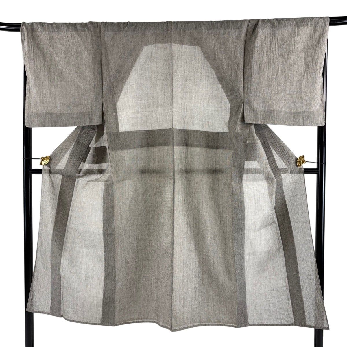 【美品】 男着物 身丈140cm 裄丈69cm S 薄物 紬 小千谷縮 証紙 格子 灰茶 麻 逸品 【中古】