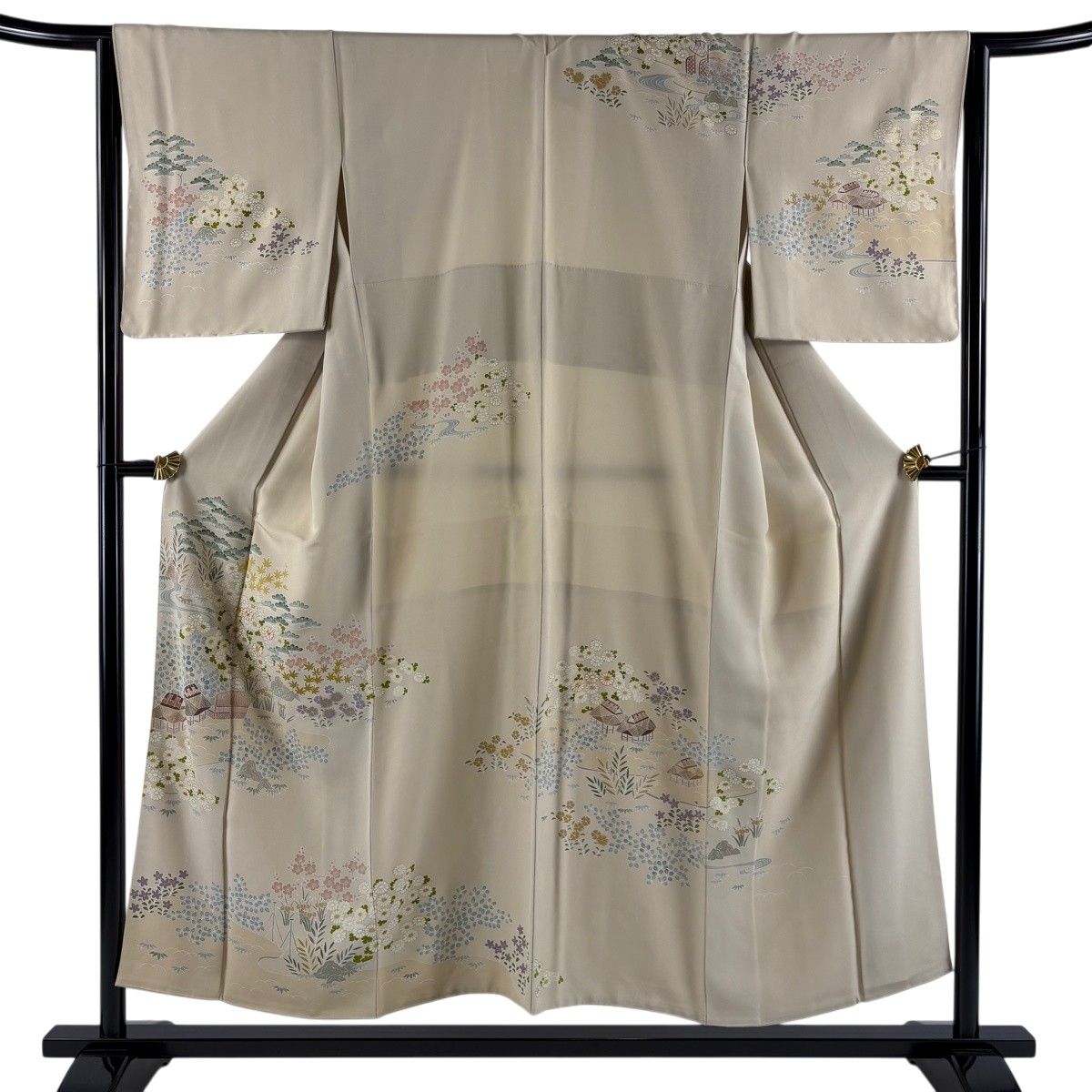 【美品】 訪問着 身丈152cm 裄丈64cm M 単衣 千總 落款 松竹梅 家屋 金糸 金彩 灰茶 正絹 逸品 【中古】