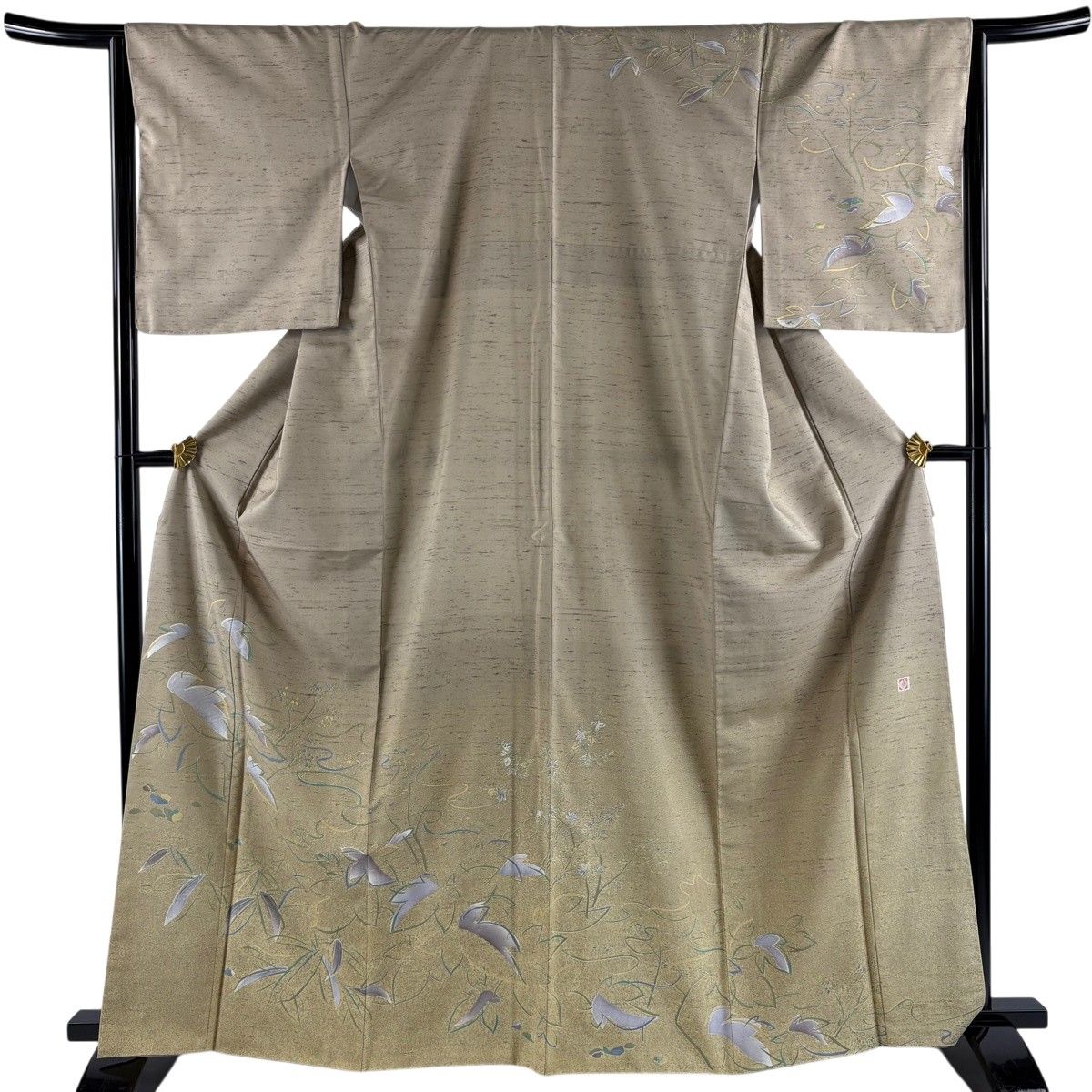 【美品】 訪問着 身丈164.5cm 裄丈66cm M 袷 牛首紬地 落款 証紙 葉柄 流水 灰茶 正絹 逸品 【中古】