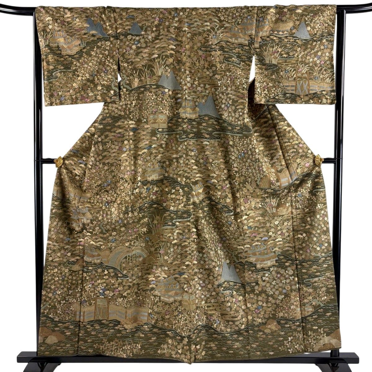 訪問着 身丈158.5cm 裄丈65cm M 袷 紬地 家屋 松竹梅 刺繍 茶緑色 正絹 逸品 【中古】