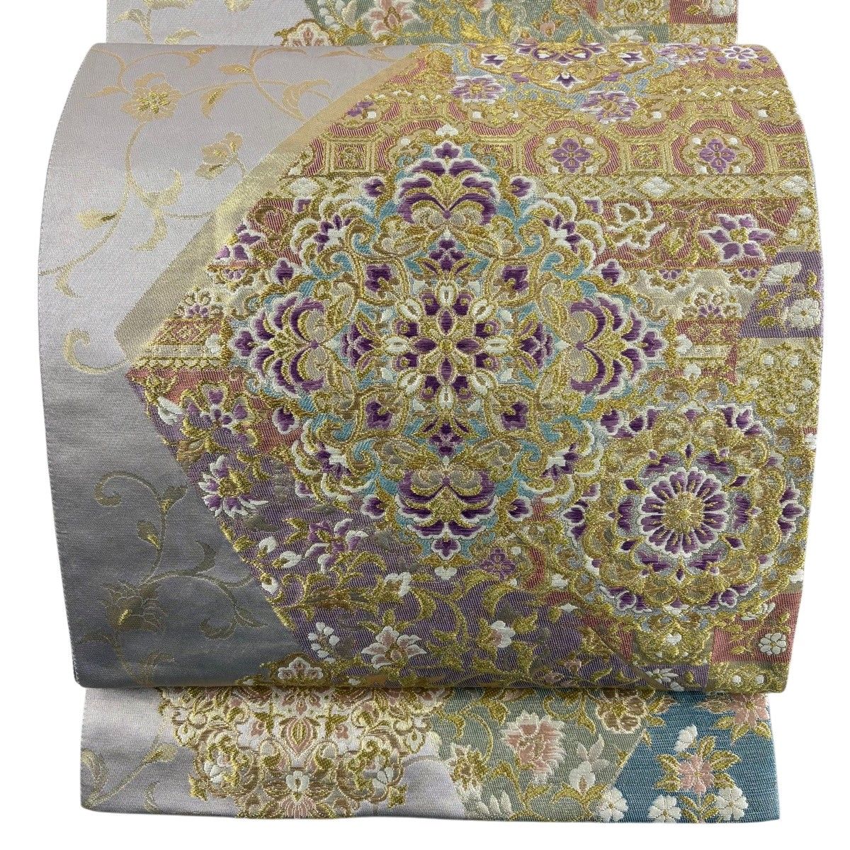 袋帯 逸品 じゅらく 落款 華文 花唐草 金銀糸 箔 薄紫 六通 正絹 【中古】