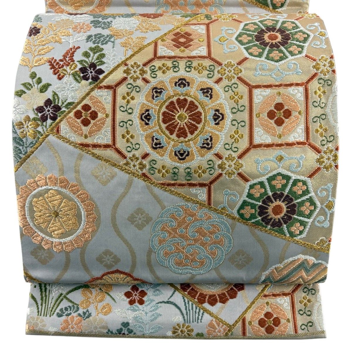 【美品】 袋帯 逸品 河合美術織物 落款 関西仕立て 蜀江華文 立涌 金糸 唐織 灰色 六通 正絹 【中古】