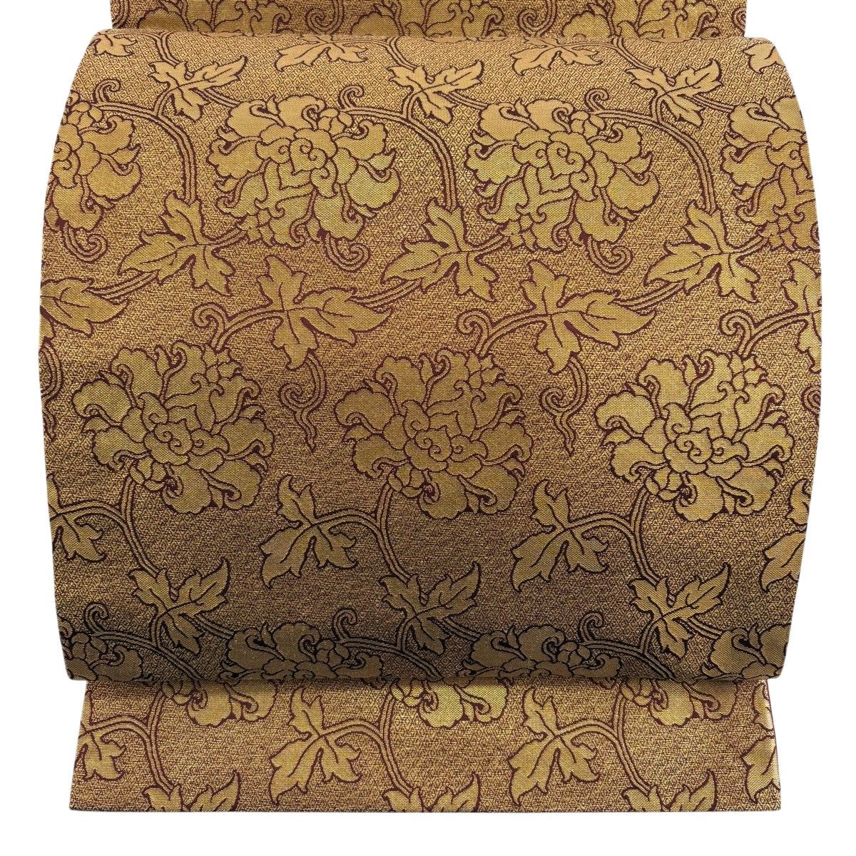 袋帯 逸品 龍村晋 落款 牡丹唐草 菱 箔 金色 全通 正絹 【中古】