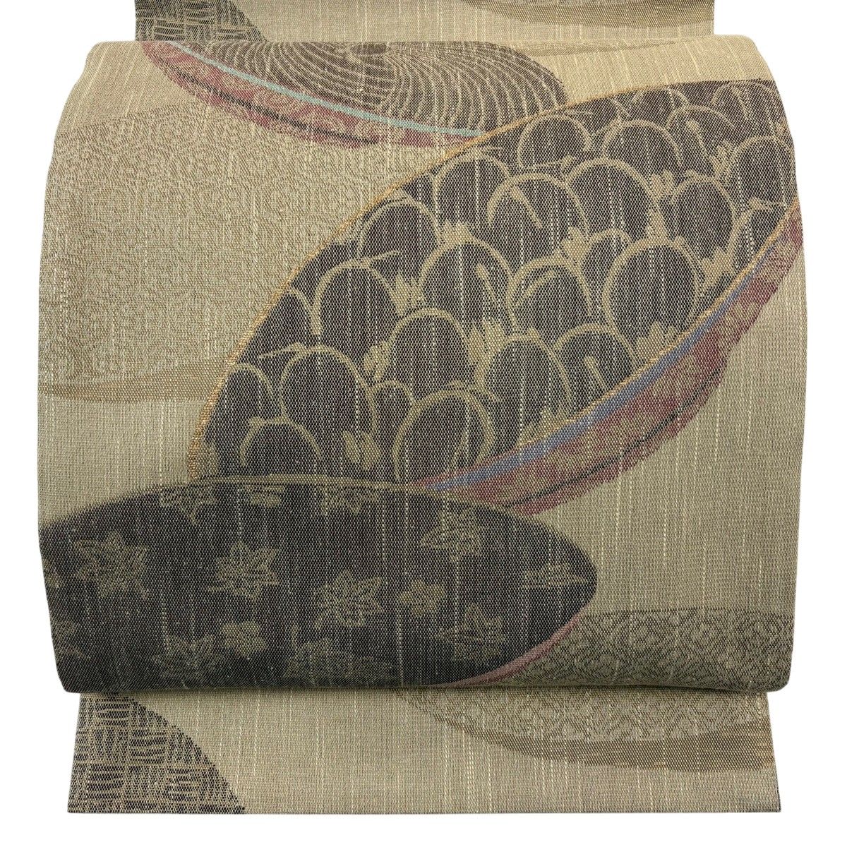 袋帯 逸品 となみ織物 落款 鶴 蓑亀 箔 薄茶色 六通 正絹 【中古】