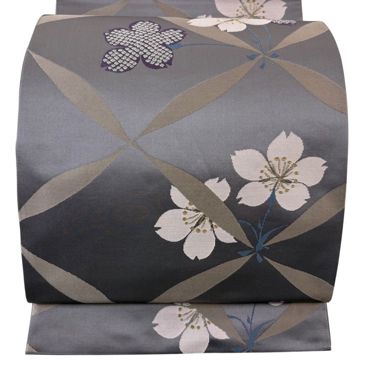 【美品】 袋帯 逸品 辻村ジュサブロー 落款 桜 疋田 金銀糸 灰紫 六通 正絹 【中古】